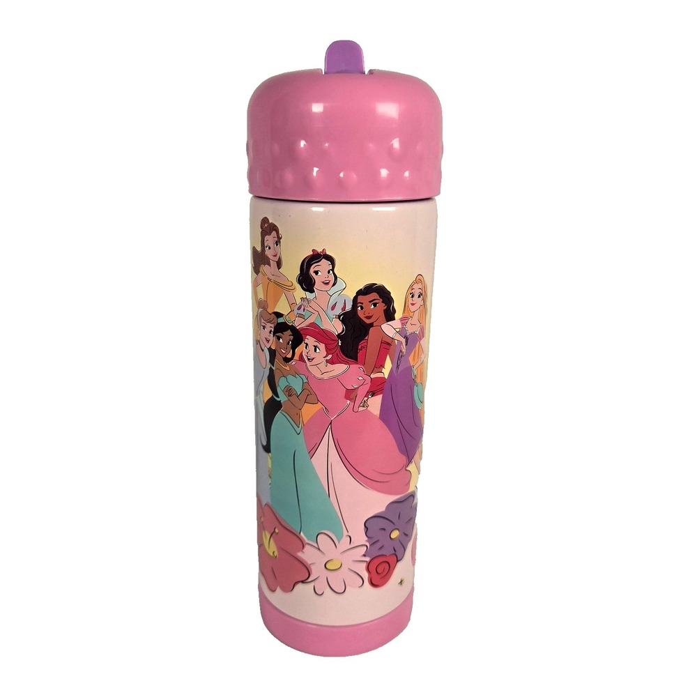 Disney Princess 16 Oz Water Bottle Pink Belle Ariel Jasmine Moana Rapunzel New